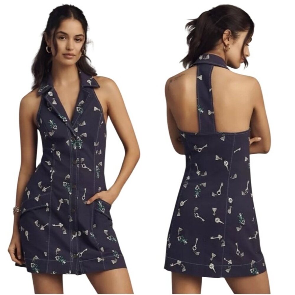 Maeve Anthropologie Women’s Large The Amelia Navy Collared Mini Dress NWT $148 - Picture 2 of 16
